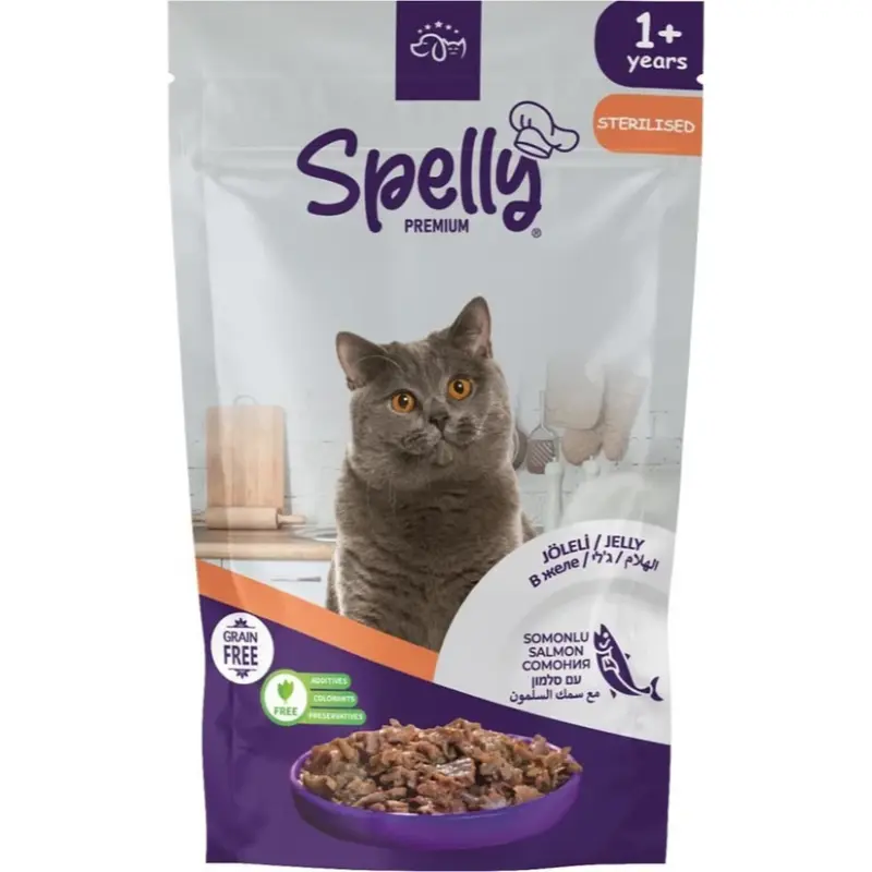 spelly-premium-sterilised-grain-free-with-salmon-in-jelly-85gr- Spelly Premium Jelly Grain Free Sterilized Salmon 85gr - Image 1