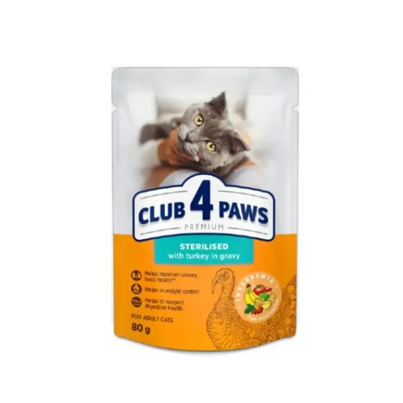ygri-trofi-gatas-club-4-paws-sterilized-turkey-ingravy-80g Club 4 Paws Sterilized με Γαλοπούλα σε σάλτσα 80gr - Image 1