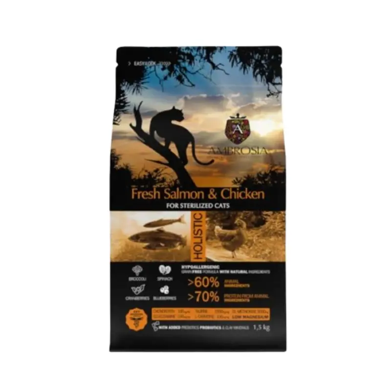 am25067- Ambrosia Grain Free Cat Adult Sterilised Fresh Salmon & Chicken 1.5kg - Image 1