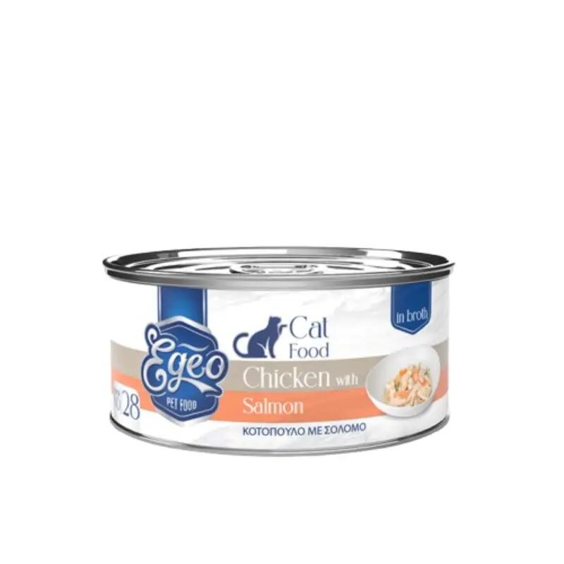 eg028-800x800 Υγρή Τροφή Κονσέρβα Γάτας Egeo Cat Adult Κοτόπουλο με Σολομό σε Ζωμό 70gr - Image 1