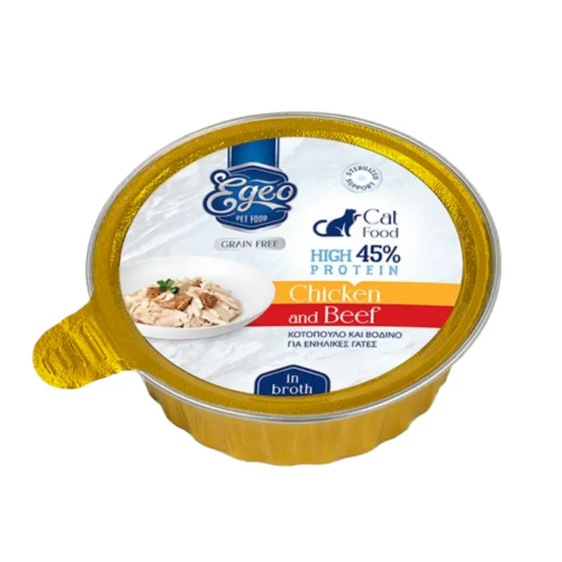 eg601-800x800 Egeo Adult Cat High Protein 45% με Κοτόπουλο & Βοδινό σε Ζωμό 80gr - Image 1