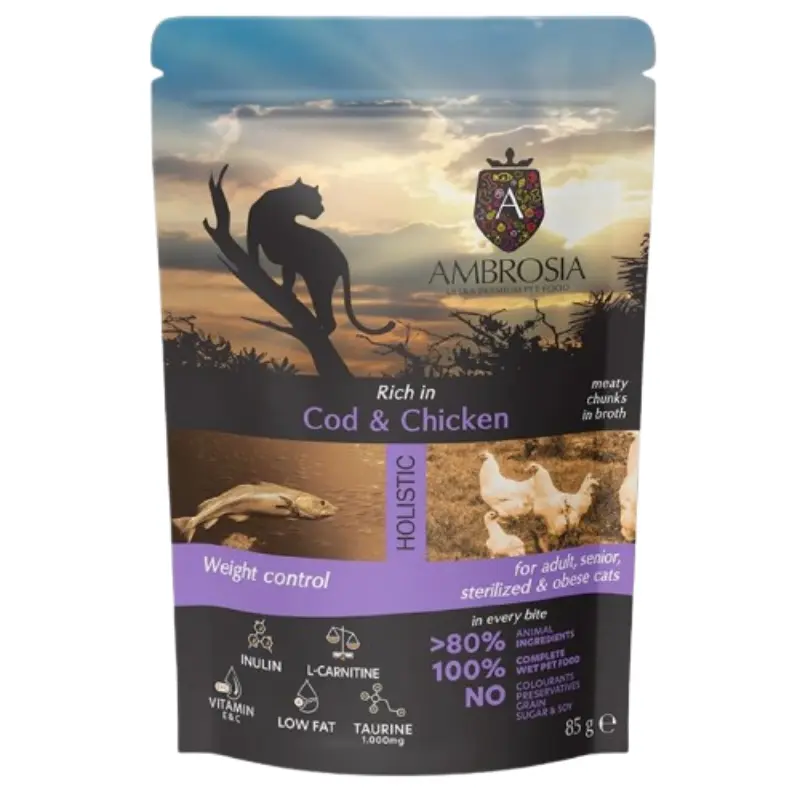 ygri-trofi-gatas-ambrosia-adult-and-sterilized-cod-and-chicken-weight-control-85gr Υγρή Τροφή Γάτας Ambrosia Adult & Sterilized Cod & Chicken Weight Control 85gr - Image 1