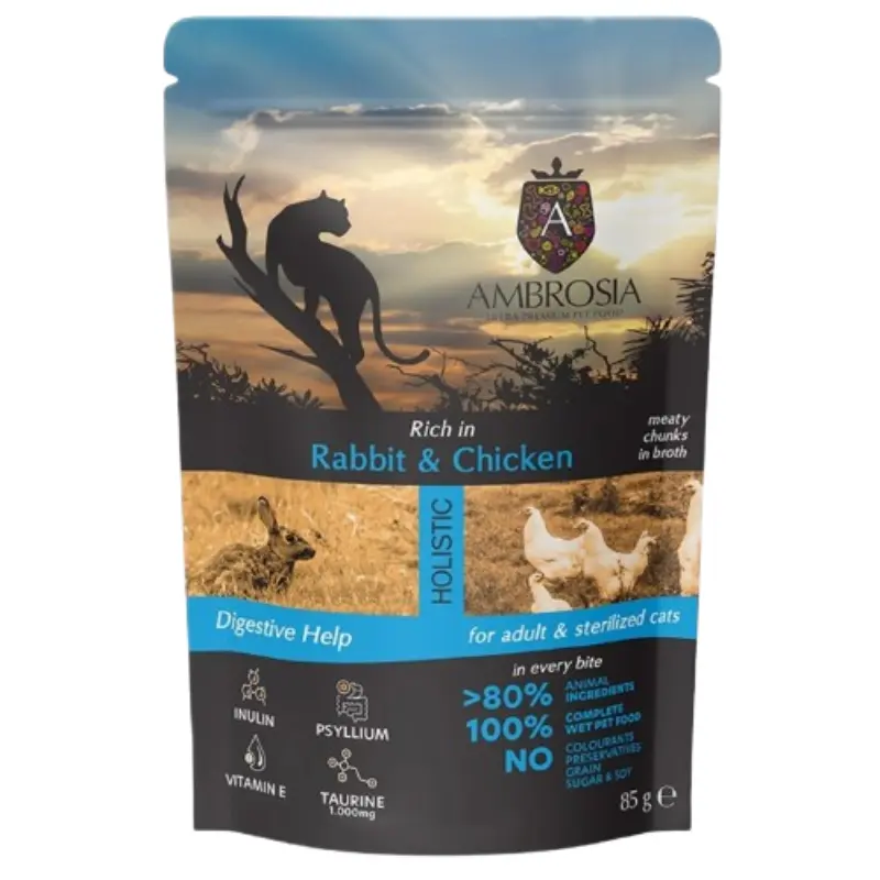ygri-trofi-gatas-ambrosia-adult-and-sterilized-rabbit-and-chicken-digestive-help-85gr Υγρή Τροφή Γάτας Ambrosia Adult & Sterilized Rabbit & Chicken Digestive Help 85gr - Image 1