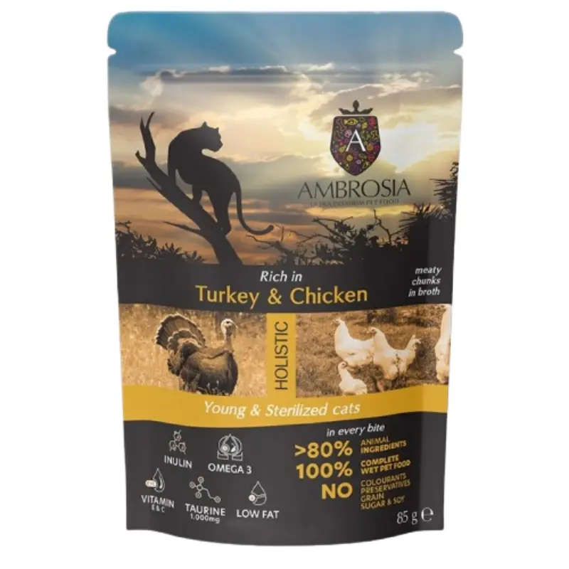 ygri-trofi-gatas-ambrosia-young-and-sterilized-salmon-and-chicken-anti-hairball-85gr- Υγρή Τροφή Γάτας Ambrosia Young & Sterilized Turkey & Chicken 85gr - Image 1